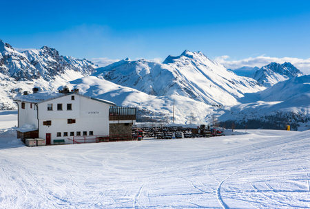 LIVIGNO ITALY CIRCA JANUARY 2009: View to mountain restaurant in top of Dolomites Alps Lombardi Italy circa 2009のeditorial素材