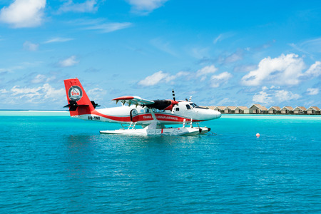 South Atoll, Dhidhoofinolhu, Maldives - July 04 2017: Hydroplane in the crystal clear turquoise water of the Indian Ocean near tropical islands, Maldives, July 04 2017のeditorial素材