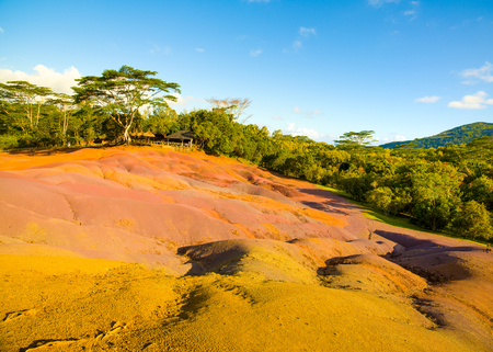 Aerial view  of Chamarel Waterfall in the tropical island jungle, Mauritius islandの写真素材