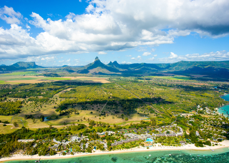 Aerial view of Mauritius island panorama and fbeautiful blue lagoon の写真素材