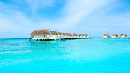 Lhaviyani Atoll, Maldives - 12 July 2018: Beautiful landscape of over water villas in luxury hotel, Kanuhura islandのeditorial素材