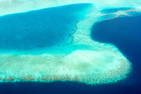 Aerial view landscape of reef in atoll in Indian Ocean, Maldives island