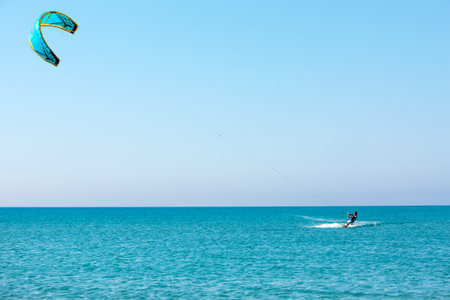 Rhodes island, Greece - July, 26, 2019: Kitesurfers on the Prasonisi beach - most femous kitesurfing...