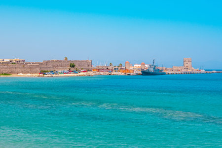Rhodes island, Greece - July 27, 2019: Panoramic landscape of the port and port of the capital of...