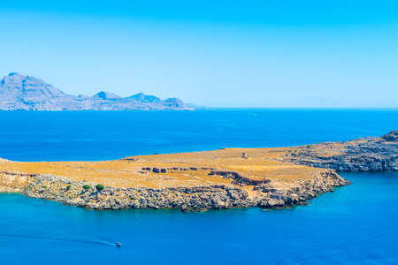 Beautiful mediterranean landscape of Lindos Bay on the Rhodes island, Greeceの写真素材