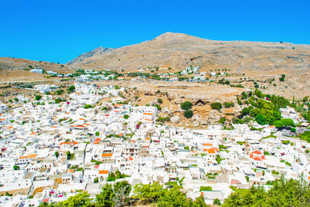 Rhodes, Greece - 5 August 2019: Beautiful landscape of Lindos old town on the Rhodes island, Greece