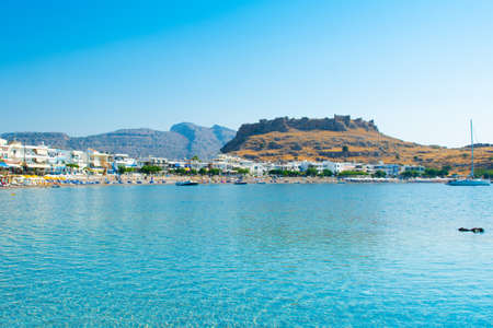 Rhodes island, Greece - July 14, 2019: Beautiful mediterranean landscape of Haraki Bay on the east coast of the island of Rhodes, Greeceのeditorial素材
