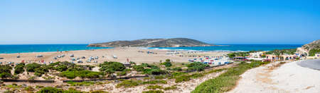 Rhodes, Greece - August 10, 2019: Panoramic landscape of the Prasonisi beach - most famous kitesurfing and windsurfing spot in Rhodes islandのeditorial素材