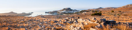 Sunset panoramic mediterranean landscape of Lindos Bay on the Rhodes island, Greece