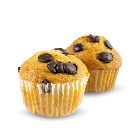 Two chocolate chip muffins on isolated white background. with clipping paths.の写真素材