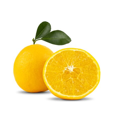 Fresh orange fruits with orange slices and leaves isolated on white background. with clipping paths.の写真素材