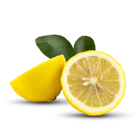 Two lemons slice with leaf, isolated on a white background, with clipping paths.の写真素材