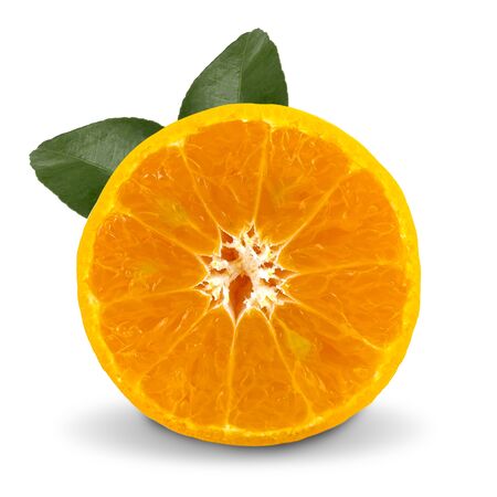 Slices of tangerine or mandarin fruit with leaves isolated on white background. with clipping paths.の写真素材