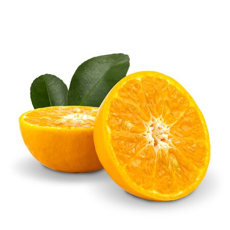 Sliced of tangerine or mandarin fruit with leaves isolated on white background. with clipping paths.の写真素材