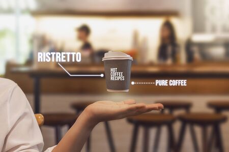 Paper coffee mugs floating on a woman's hand. with text Types of RISTRETTO coffee. Coffee Recipes. Blurred coffee shop background.の写真素材