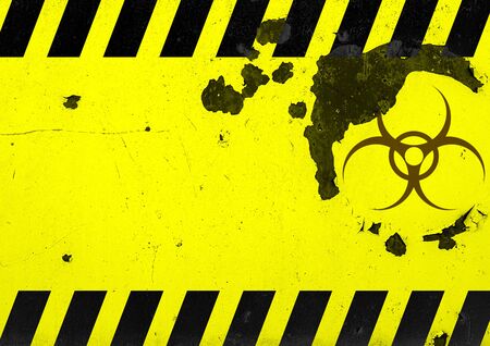 Grunge illustration of Biohazard warning label sign. yellow and black danger symbol with worn.の写真素材