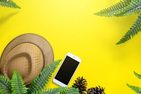 Summer vacation concept flat lay. Beach accessories top view. Copy Space. travel.の写真素材