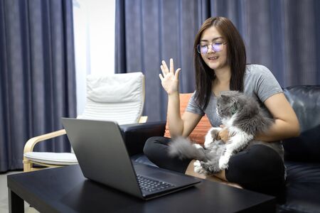 An Asian woman is greeting friends via video call and carrying a gray cat. Concept work from home with beloved pet.の写真素材