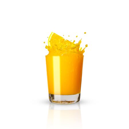 Orange juice splash and oranges against isolated on white background. with clipping paths.の写真素材