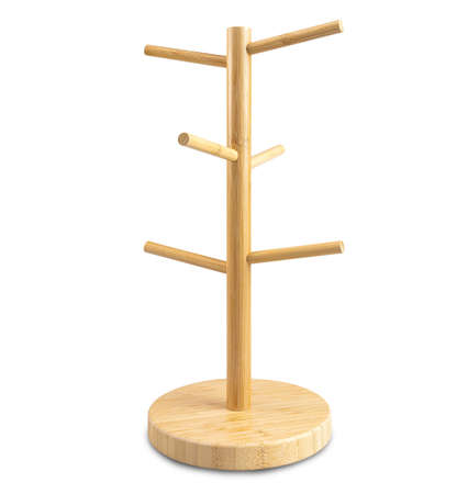 Ceramic cofee mug on a wooden hanger, isolated on a white background. with clipping paths.の写真素材