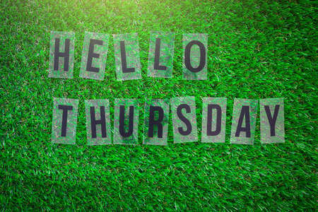 Word HELLO THURSDAY on green grass ground.の写真素材