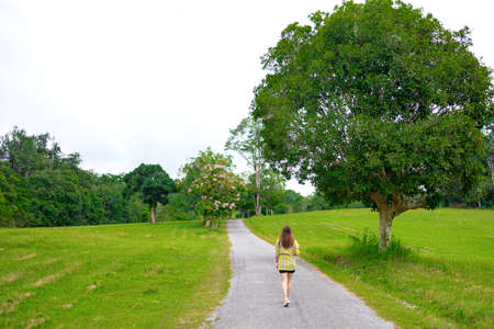 View from the back photo of woman walking in green forest.の写真素材