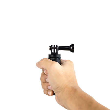Hand holding mini tripod with blank space. Isolated on white background. with clipping paths.の写真素材
