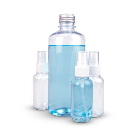 Alcohol sanitizer hand spray cleaners bottle for anti Bacteria and virus and empty bottle isolated on white background with clipping paths.の写真素材