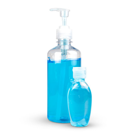 Alcohol sanitizer hand gel cleaners big size and take away size for anti virus isolated on White Background with clipping paths. People using alcohol gel to wash hands to prevent virus.の写真素材
