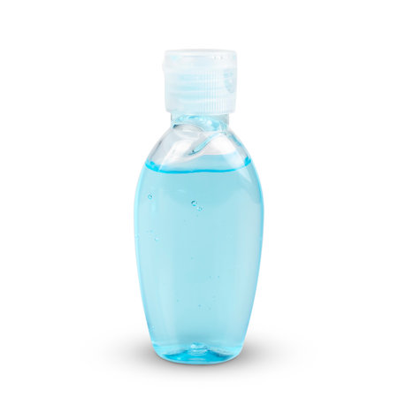 Virus prevention hand sanitizer gel in travel-sized bottle. Hand disinfectant gel isolated on white background with cliping paths.の写真素材