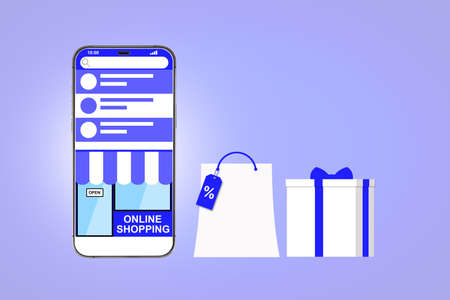 Online Shopping on Mobile Application Concept. with store bag and gift box. blue background and smartphone showcase display icon. Digital marketing.の写真素材