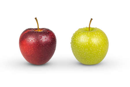 Fresh red apple and green apple with water drop isolated on white background. with clipping paths.の写真素材