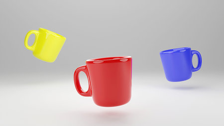 Yellow, Red and Blue Coffee cup floating in white background. minimal concept idea creative. 3D...