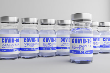 3d render of covid-19 vaccine virus in row over white background. illustration.の写真素材