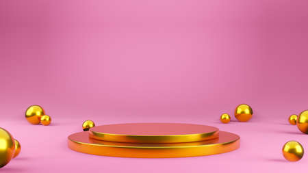Gold metallic Mock Up Stand Template with golden sphere on pink background for Product Advertising and Commercial, 3D rendering.の写真素材