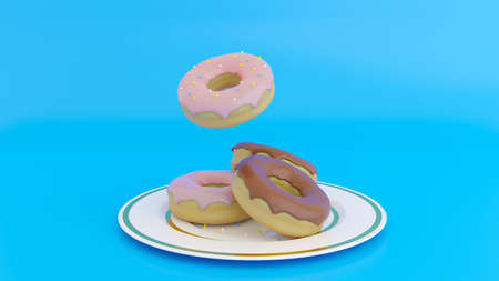 Pink and chocolate donuts in motion. Donut with glaze flying on white ceramic plate over blue background. Creative square pastel 3d illustration.の写真素材