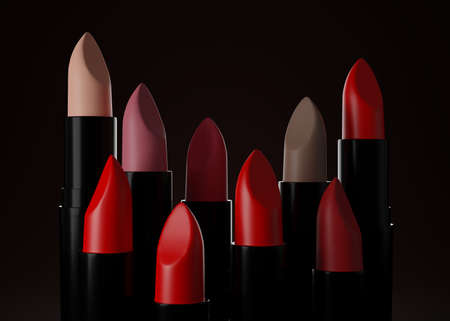 Lipstick set, fashion lipstick mockup in 3d illustration isolated on dark background.の写真素材