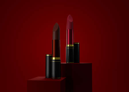 Attractive lipsticks product on square stage on red background. 3d illustration.の写真素材
