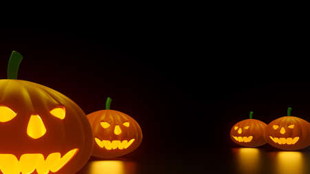 Halloween Pumpkins with warm light on dark background. 3d rendering.の写真素材