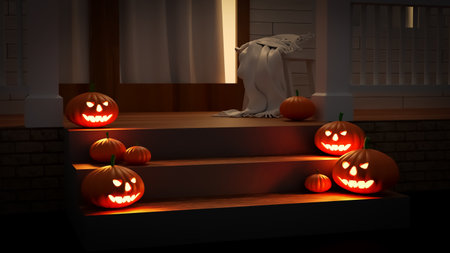 Pumpkins are on the steps in front of the house. Concept of halloween. 3d rendering. Halloween Carnival Background.の写真素材