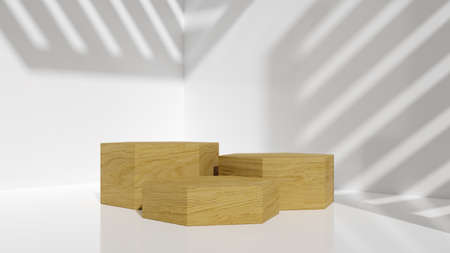 luxury brown fine wood hexagon podium with shadow in white background. concept scene stage showcase, product, promotion sale, wooden, presentation, cosmetic. 3D render.の写真素材