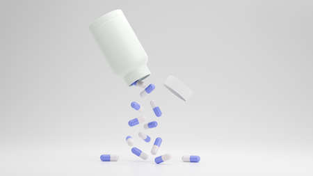 A group of antibiotic pill capsules fallling from medicine bottle. Healthcare and medical 3D illustration background.の写真素材