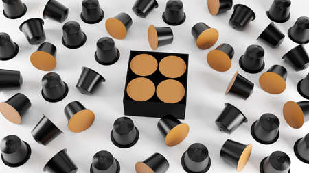 Blank coffee capsules in hard black box packing and on a white background for mock up and branding. 3d render.の写真素材