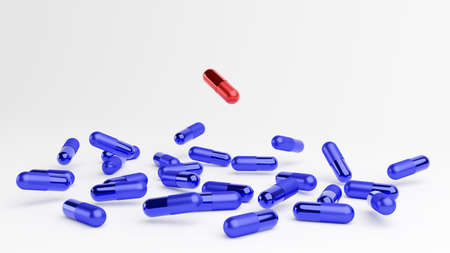 Blue and red pill capsules floating on a white background. 3D render.の写真素材
