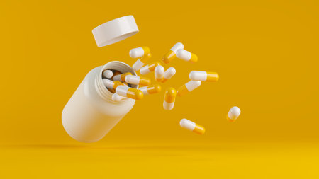Capsule orange and white color pill was out of white plastic pill bottle on orange background. 3D render.の写真素材