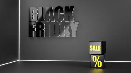 Black Friday sale realistic black cube boxes with gold text. Dark background with black text lettering in bright glowing neon frame. 3D rendering.の写真素材
