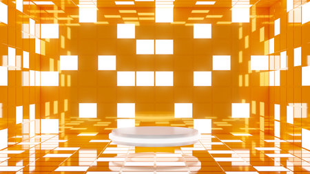 3D rendering white podium stand floating with lights on orange with light background. Sci fi display.の写真素材