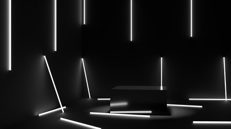 3D rendering Black podium display stand and neon lamps on black background. Black friday concept.の写真素材