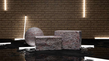 3d rendering Stone podium for displaying products and neon light on wet concrete on orange brick wall background.の写真素材