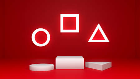 White Podium stand with round, square, triangular and lights box round, square, triangular on a red background. 3D rendering.の写真素材